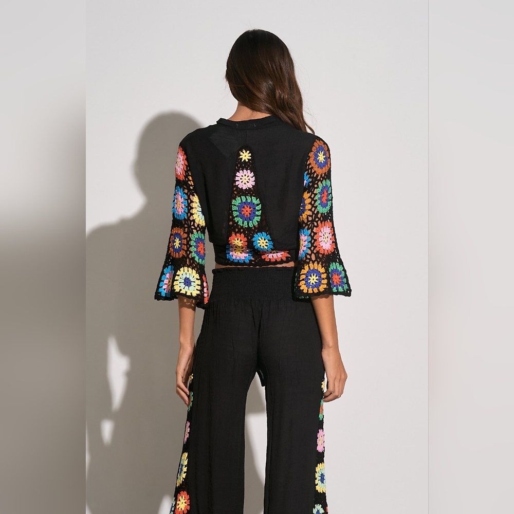 NWT Elan Black With Rainbow Crochet Wide Leg Pant Set - M - Picture 2 of 6